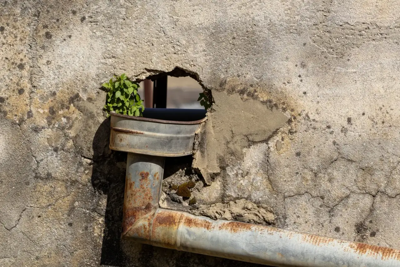 A rusty pipe coming out of a hole in a weathered wall, with a plant growing from the gap
