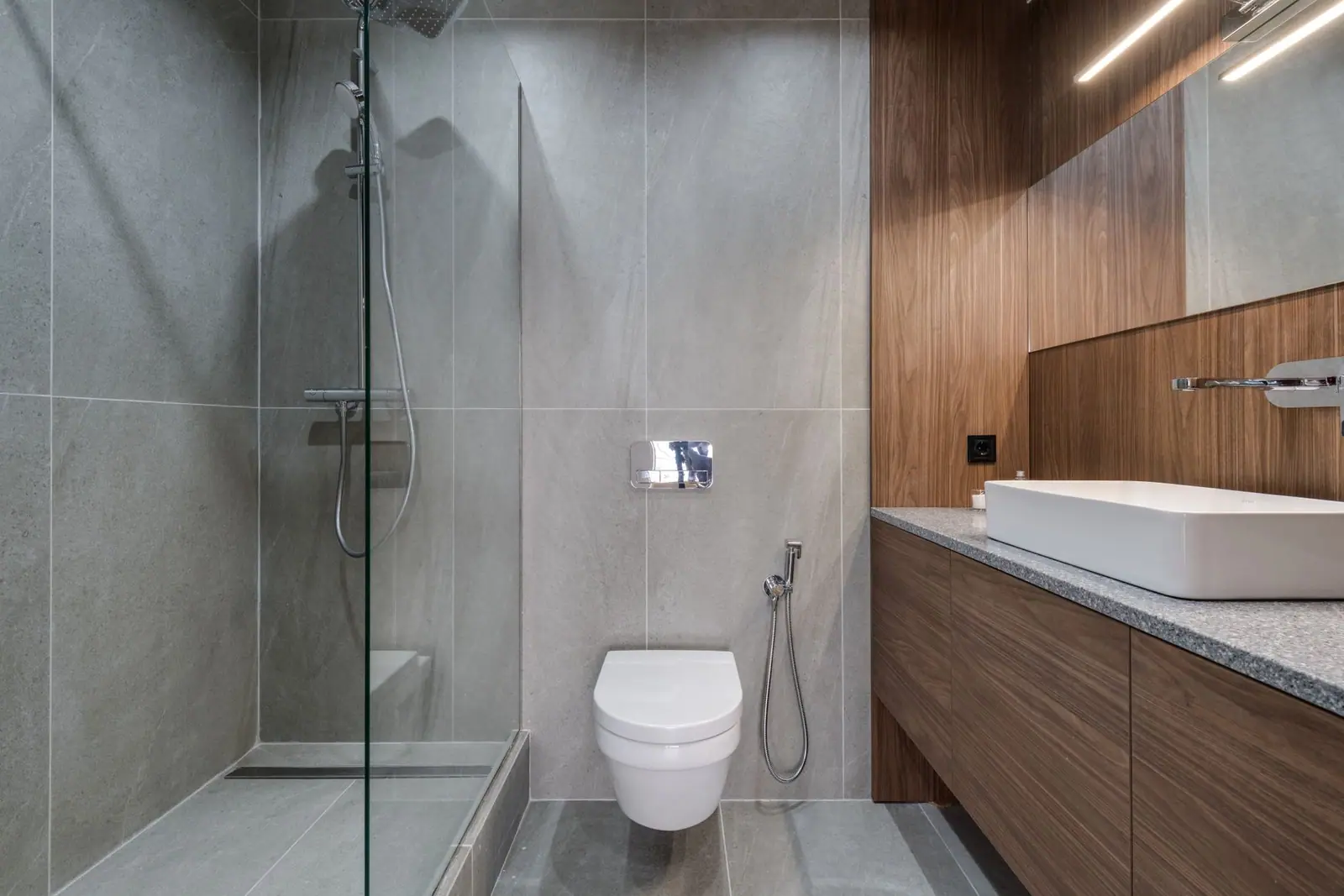A walk-in shower with a level entry beside a wall-hung toilet